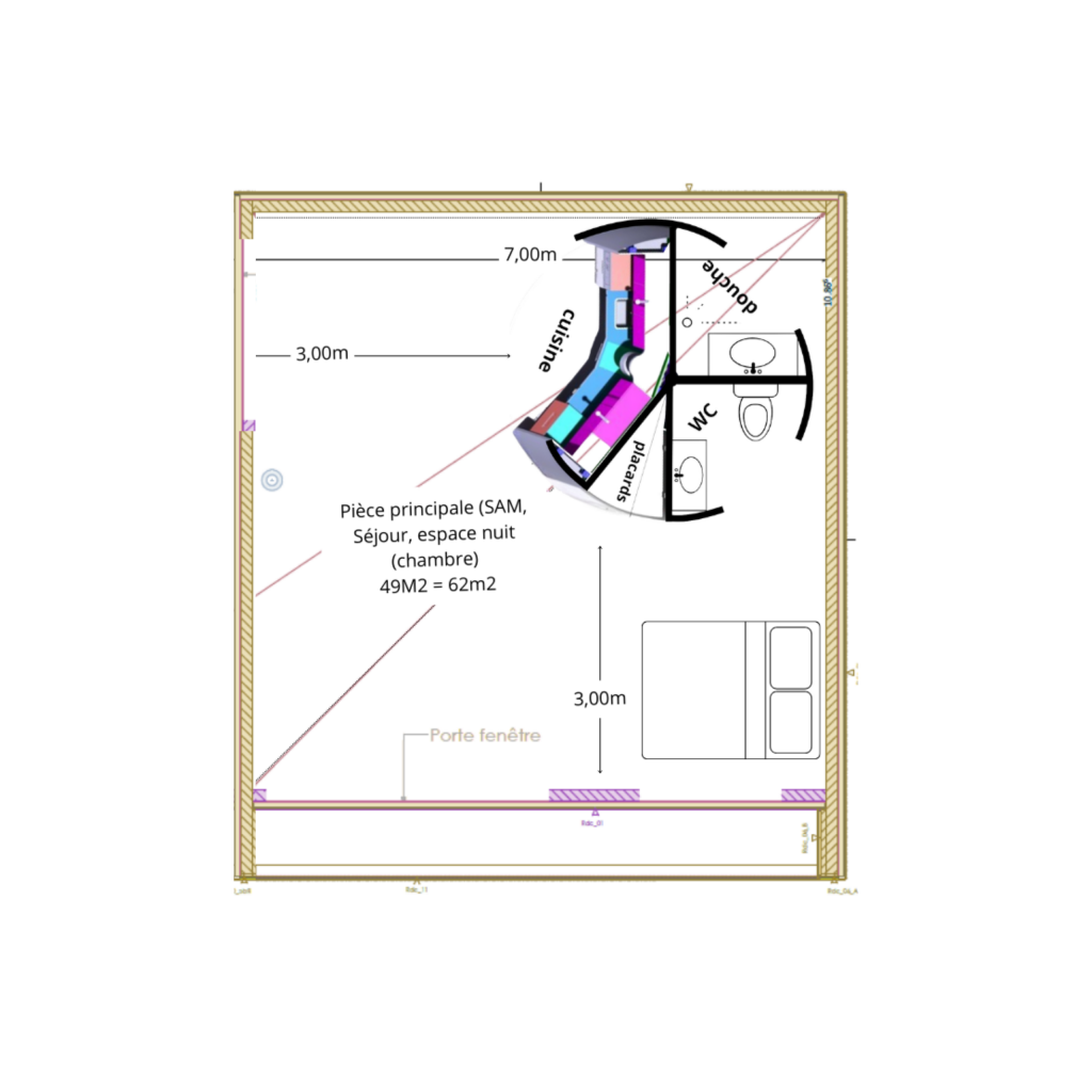 Plan maison plain-pied 49m2 - 2 pièces - avec le système rotatif OTO, accessible et adapté PMR